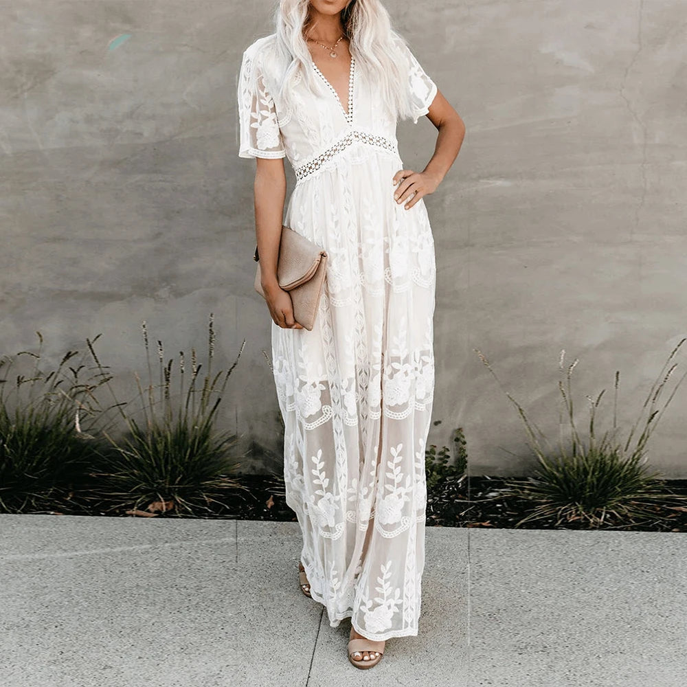 Embroidery Boho Lace Maxi Dress