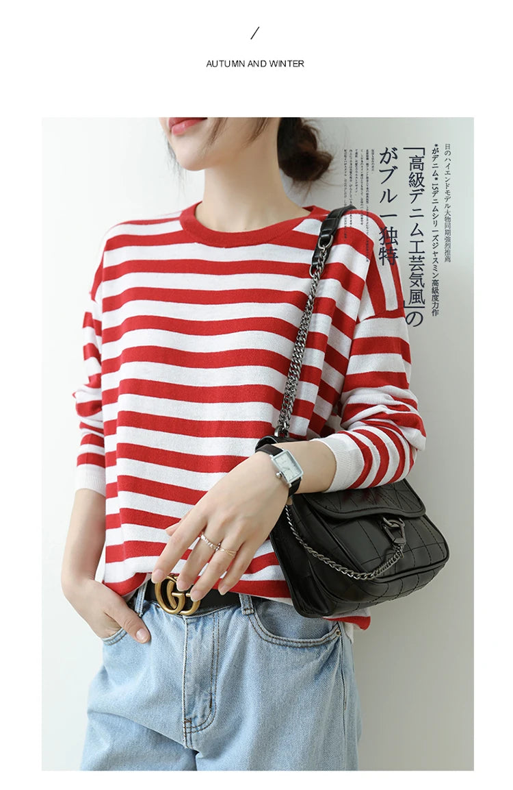 Round-Neck Wool Striped Pullover Sweater