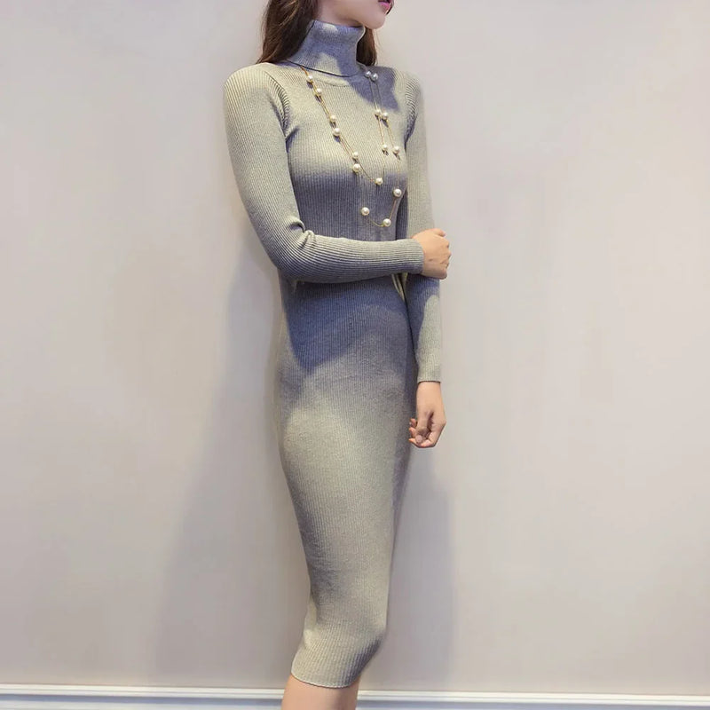 Turtleneck Long Sleeve Bodycon Midi Dress