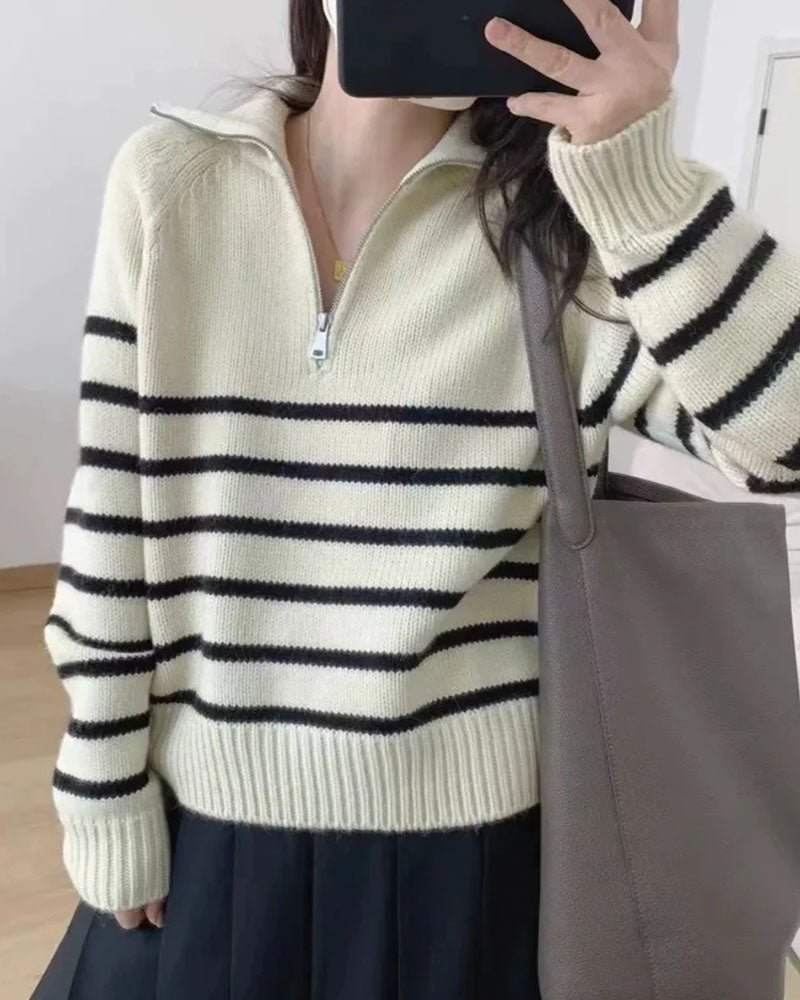 Half Zipper Striped Pure Cashmere Pullover