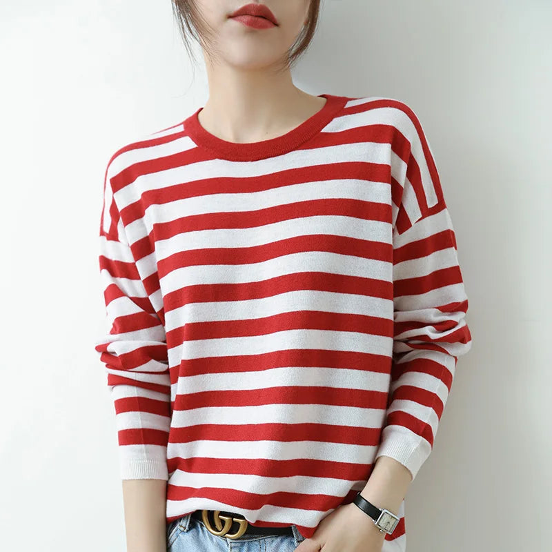Round-Neck Wool Striped Pullover Sweater