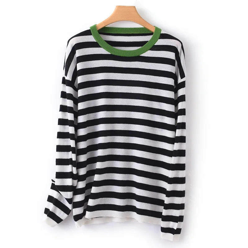 Round-Neck Wool Striped Pullover Sweater