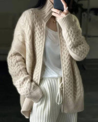 High-Collar Zip-Up Wool Cardigan Coat
