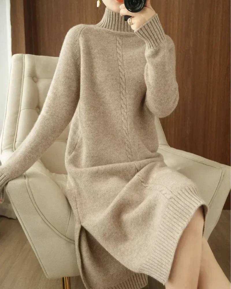 High-Neck Over-The-Knee Wool Dress