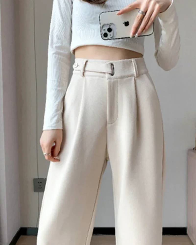 High Waist Straight Leg Woolen Trousers