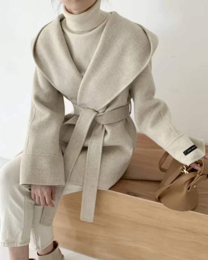 Hooded Wool Blend Wrap Coat