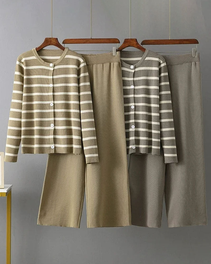 O Neck Buttons Stripe Knit Loose Sweater Sets