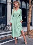 V-Neck Long Sleeve Tied Waist Dress