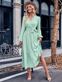 V-Neck Long Sleeve Tied Waist Dress
