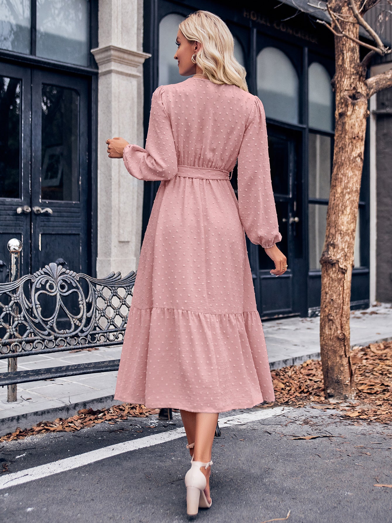 V-Neck Long Sleeve Tied Waist Dress