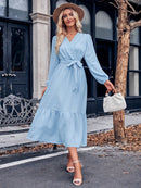 V-Neck Long Sleeve Tied Waist Dress