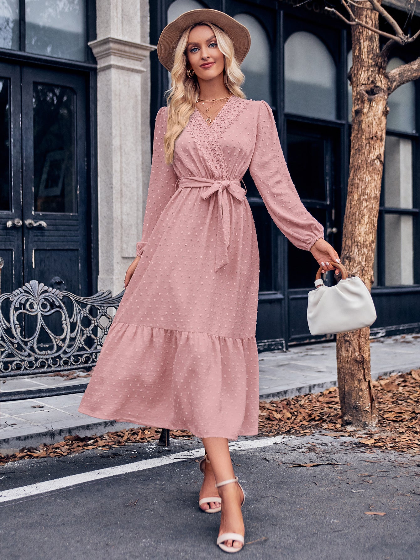 V-Neck Long Sleeve Tied Waist Dress