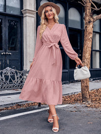 V-Neck Long Sleeve Tied Waist Dress