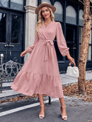 V-Neck Long Sleeve Tied Waist Dress