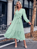 V-Neck Long Sleeve Tied Waist Dress