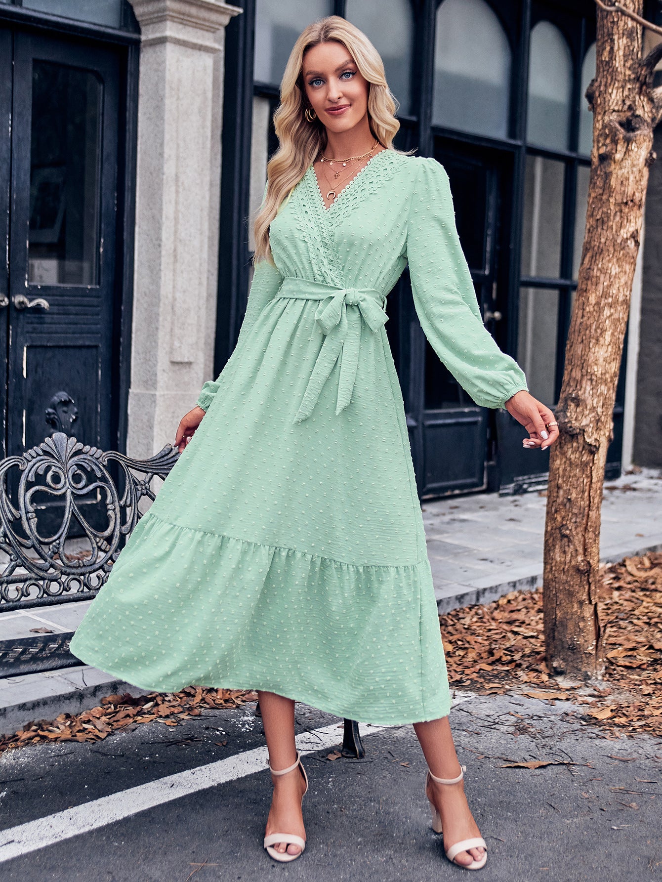 V-Neck Long Sleeve Tied Waist Dress