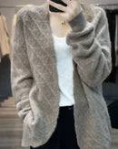 100 % wool mid-length V-neck cardigan, relaxed fit, long sleeves, ribbed cuffs, heather taupe—cloud-soft winter layer for her that layers over dresses or denim.