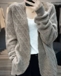 100 % wool mid-length V-neck cardigan, relaxed fit, long sleeves, ribbed cuffs, heather taupe—cloud-soft winter layer for her that layers over dresses or denim.