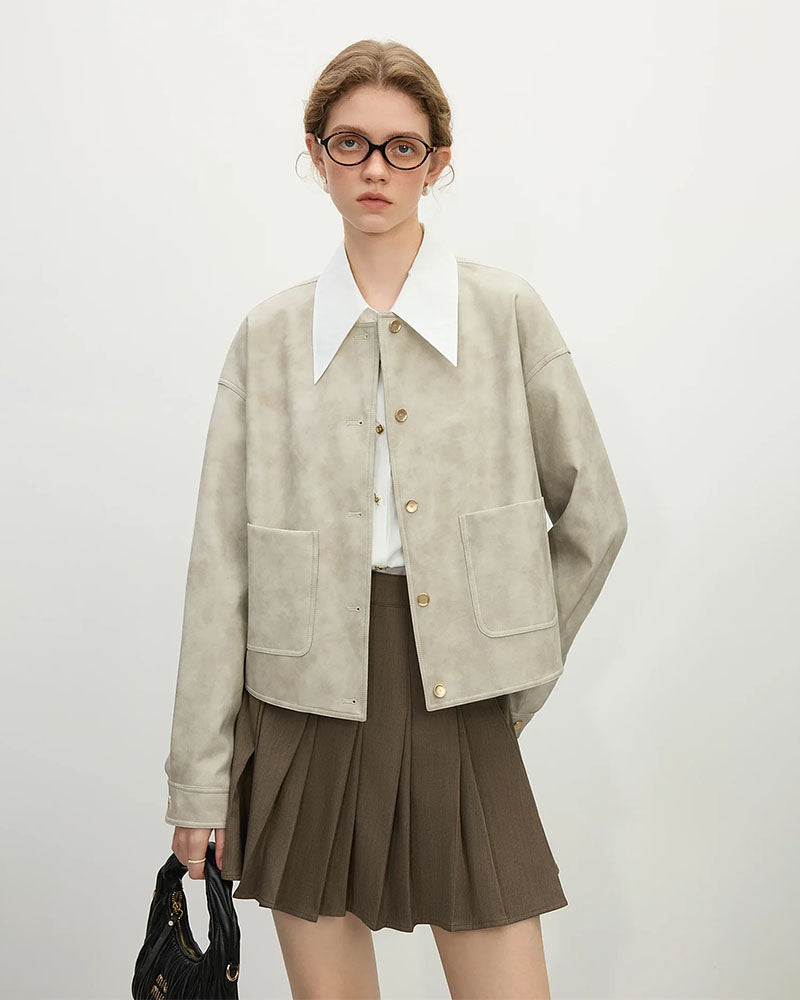 PU Leather Round Neck Short Jackets