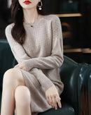 100 % merino-wool midi dress, round neckline, long sleeves, A-line silhouette, knee-length, heather taupe—effortless winter elegance for her that layers over boots or tights .