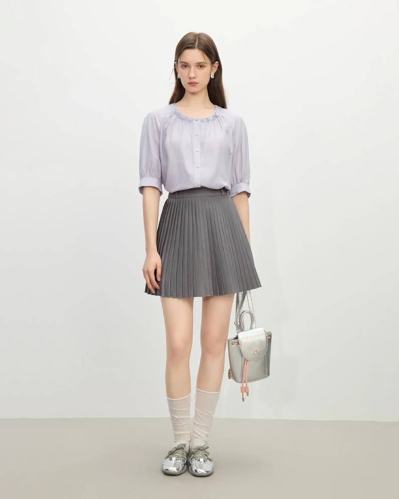 Ruffle Round Neck Linen-Blend Blouse