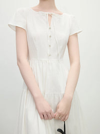 High Waist Round Neck Tie-Waist Cap Sleeve Dress