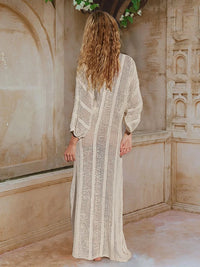 See-through V Neck Lantern Sleeve Side Split Beach Maxi Dresses