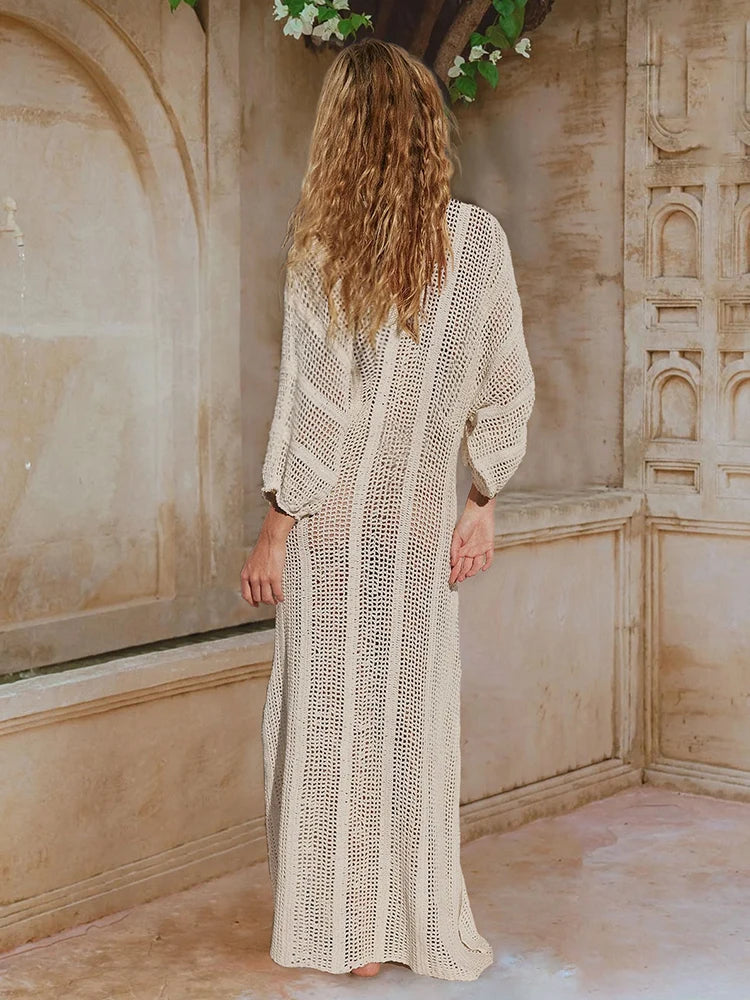 See-through V Neck Lantern Sleeve Side Split Beach Maxi Dresses