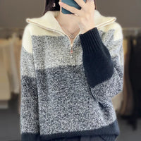 Color Block High Collar Wool Knitted Pullover Sweater