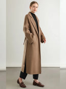 Notch Lapel Belted 100% Wool Long Coat