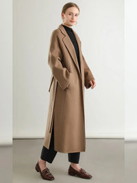 Notch Lapel Belted 100% Wool Long Coat