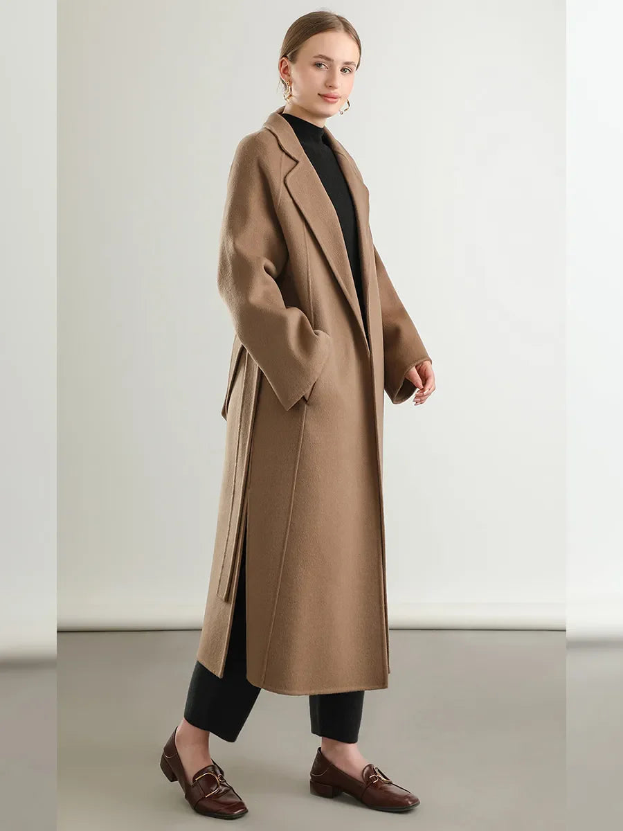 Notch Lapel Belted 100% Wool Long Coat