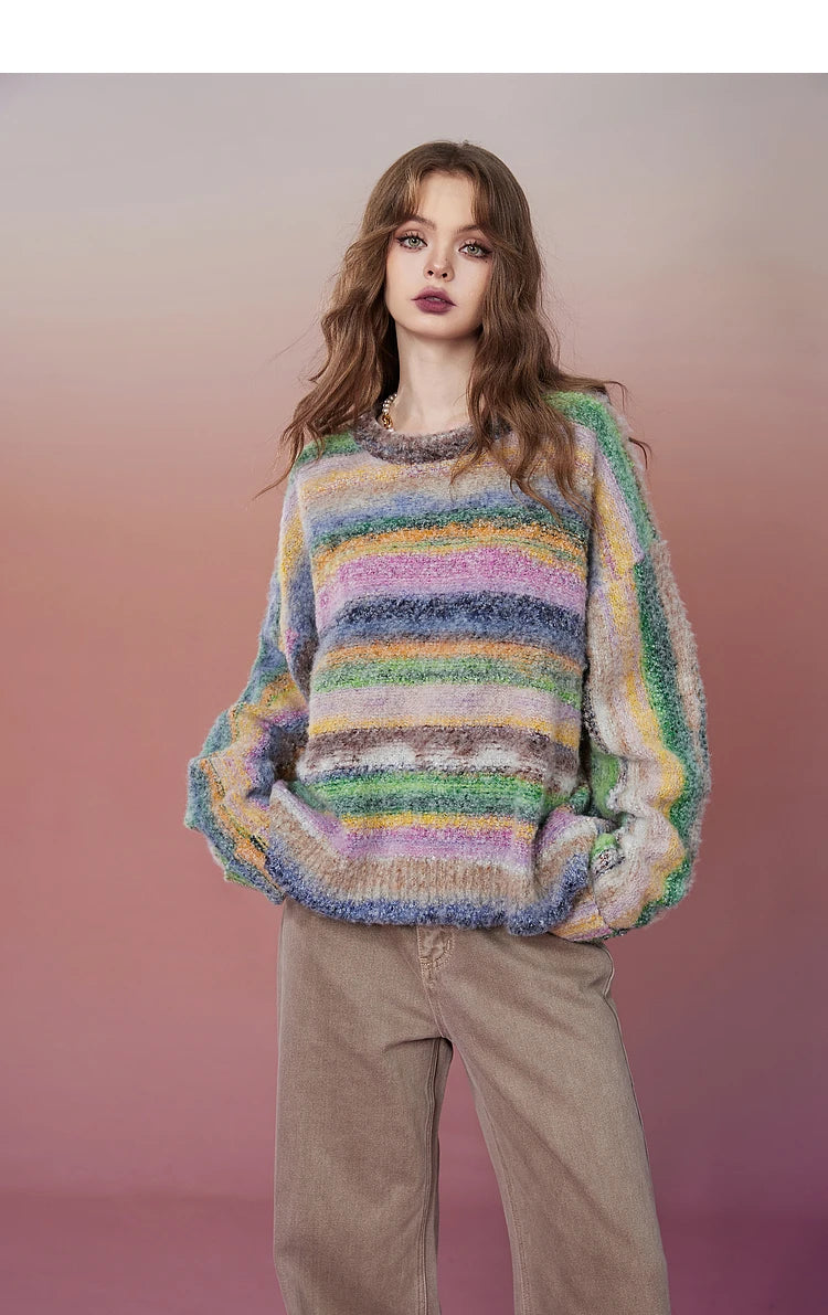Plus Size Rainbow Striped Pullover Sweaters
