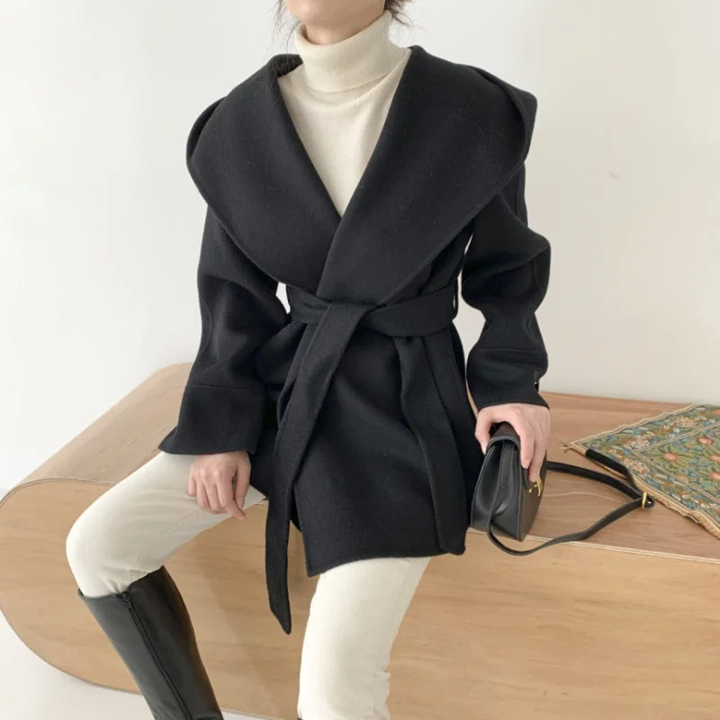 Hooded Wool Blend Wrap Coat