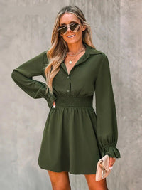Button-Front Dress Long Trumpet Sleeve A-line Mini Dress