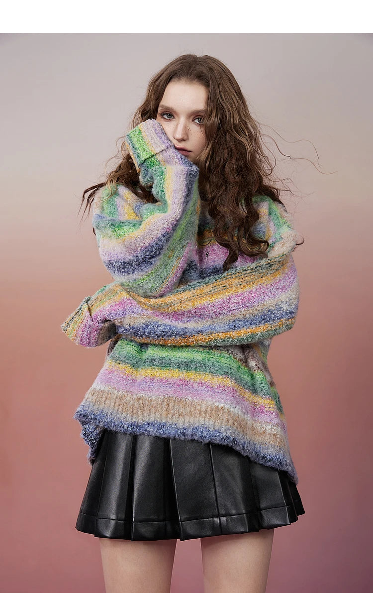 Plus Size Rainbow Striped Pullover Sweaters