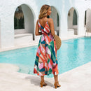 V-Neck Belted Geometric Print Beach Dress