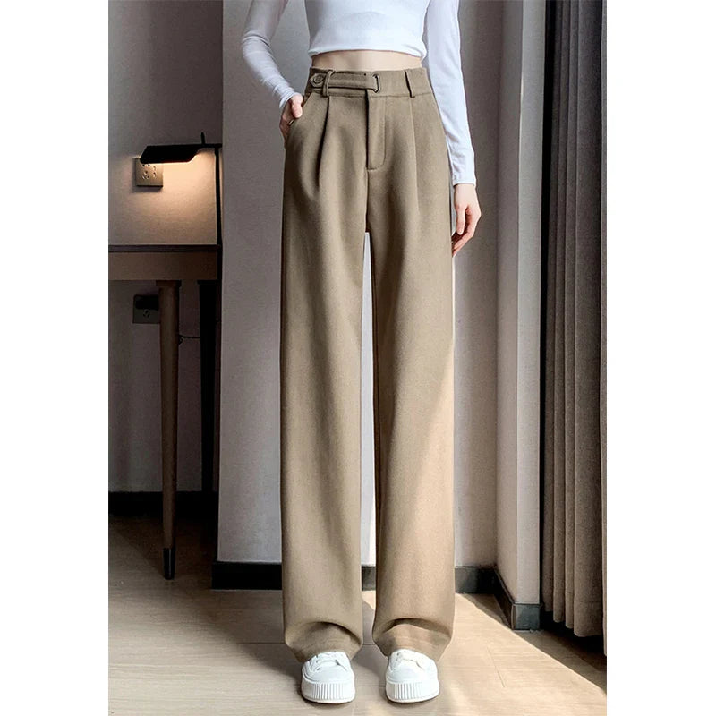 High Waist Straight Leg Woolen Trousers