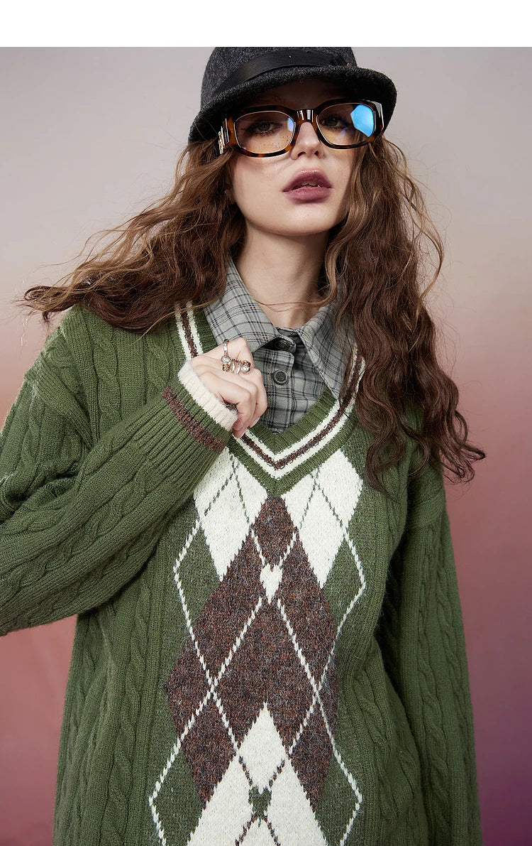 Retro Rhombus Spliced Pullover Sweaters