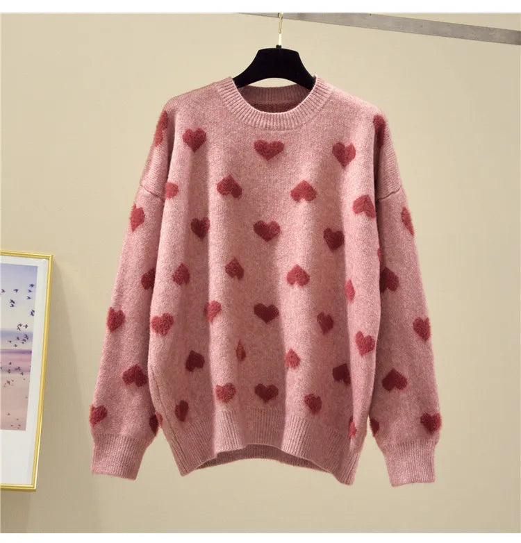 Pink Heart Winter Knitted Sweater