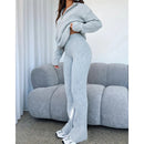 Zipper Long Sleeve Sweaters Straight Pants Knitted Suit