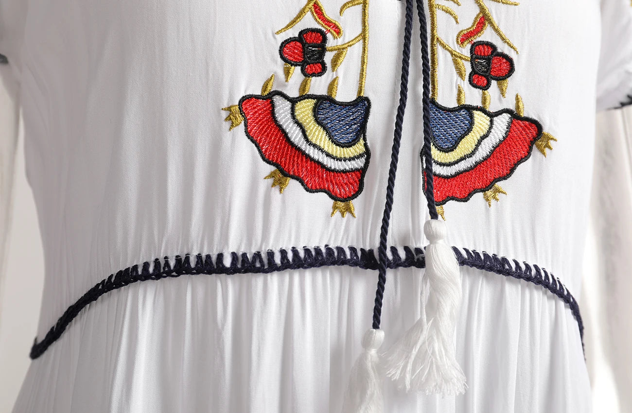 Embroidery V-Neck Tassel Bohemian Maxi Dress