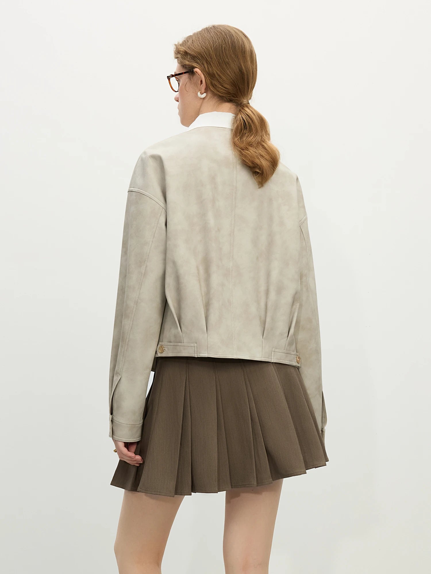 PU Leather Round Neck Short Jackets