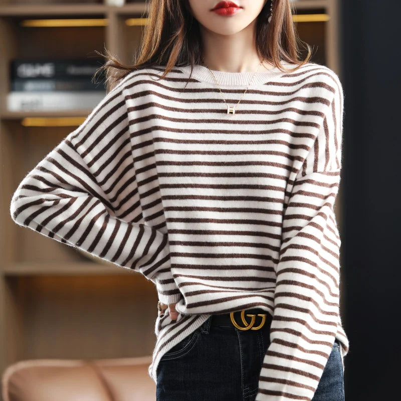 Oversized Round-Neck Striped Wool Sweater Pullover