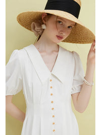 Solid Pleated Polo Neck Puff Sleeve Dress