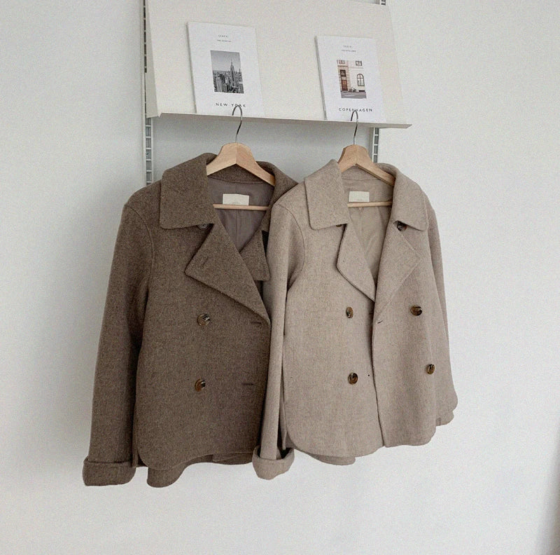 Turn Down Collar Double Breasted Short Wool Coat