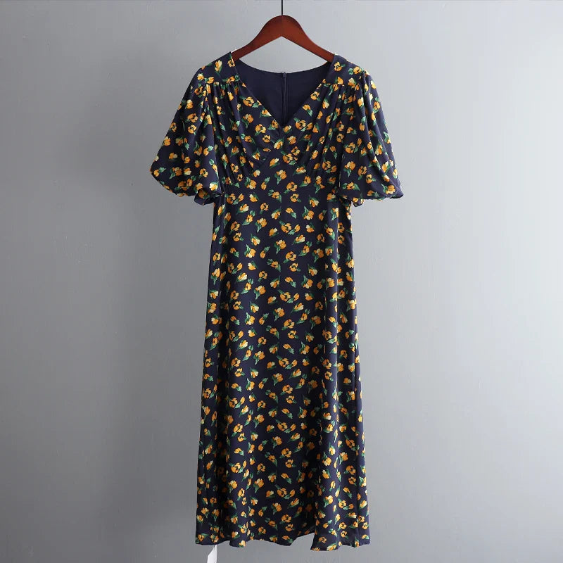 Floral Printed V-Neck Chiffon Dress
