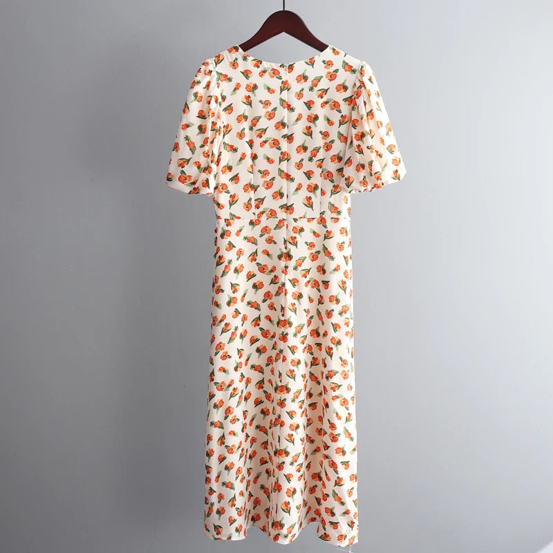 Floral Printed V-Neck Chiffon Dress