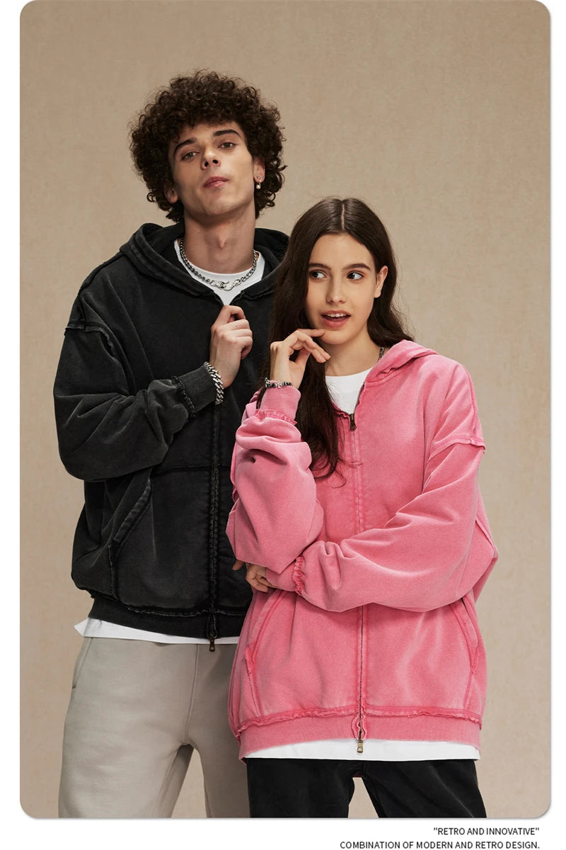 Distressed Washed Batik Retro Zipper Hoodies