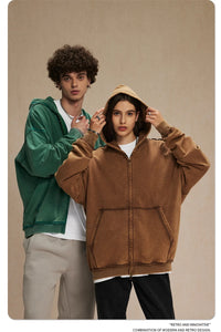 Distressed Washed Batik Retro Zipper Hoodies